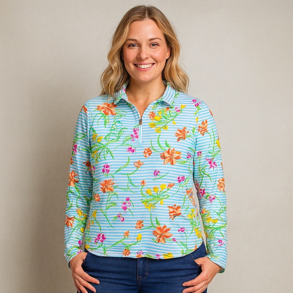 Ibkul Womens Blue White Striped‎ Floral 1/4 Zip Pullover Small